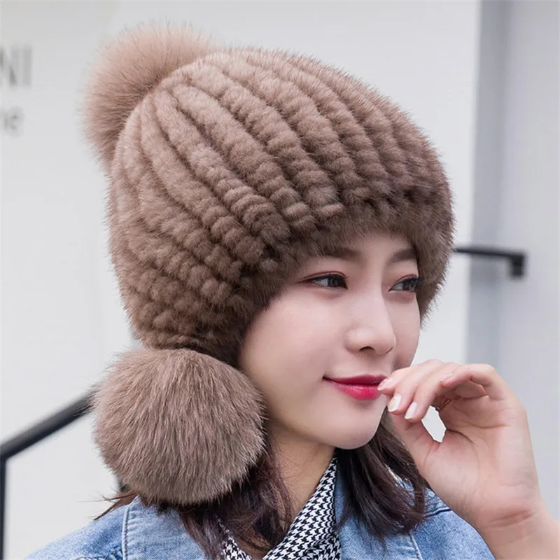 Коллекция 2021 года, зимние женские меховые шапки с помпоном из лисьего плюша, высококачественные роскошные женские вязаные шапки