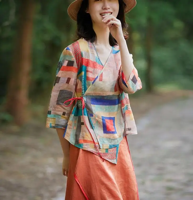 

Summer Arts Style Women 3/4 Sleeve Lacing Loose Shirts Vintage Print V-neck Cotton Linen Blouses Plus Size Femme Blusen