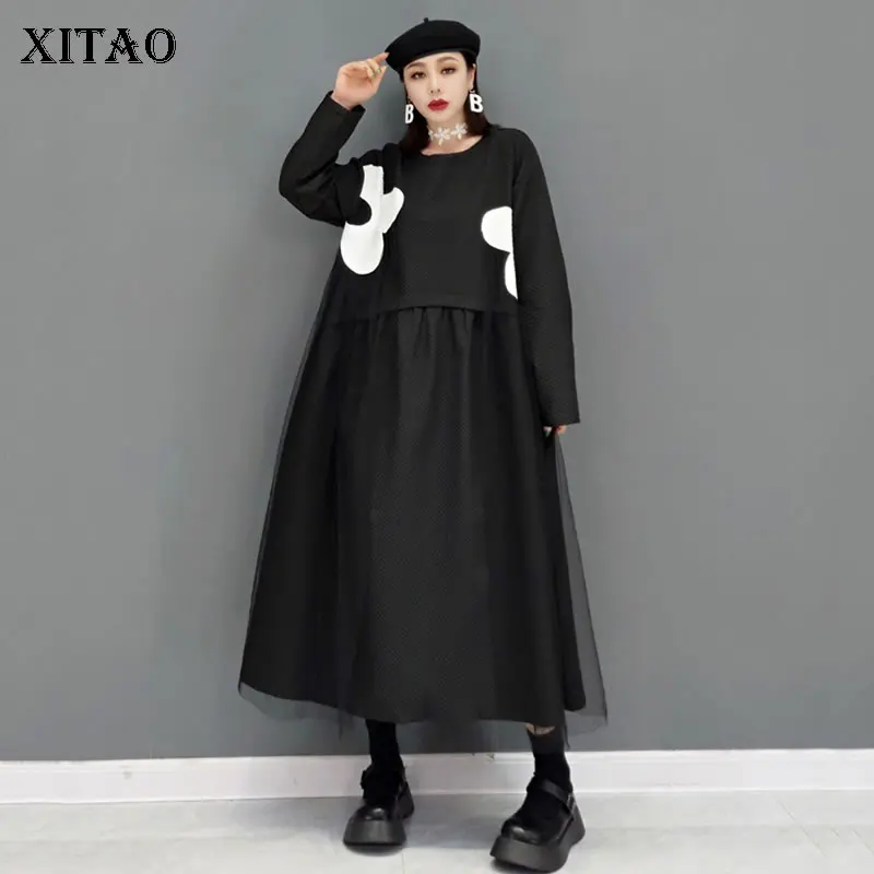 

XITAO/черные сетчатые лоскутные платья; Новое поступление; Модные корейские свободные повседневные женские платья с круглым вырезом и длинны...