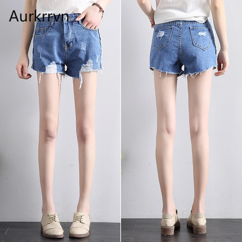 

Aurkrrvn Frayed Edge Classic Denim Shorts Summer for Female Scratched Ripped Blue Hole Casula Straight Jean Shorts Women 2020