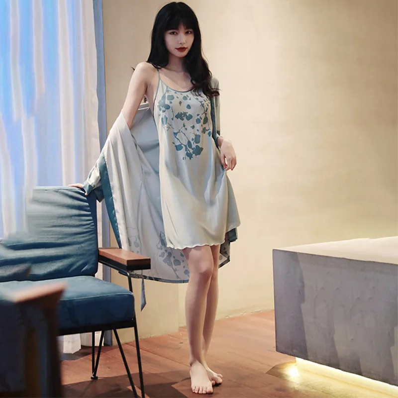 

Nightdress Women's Spring Summer Robe Sets New Ice Sexy Sling Nightgown Bathrobe Morning Gown Suit Home Clothes Sleepwear