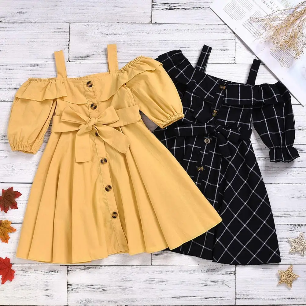 

Dress A-line Elastic Collar Bands Sweet Girl Puff Sleeves Off Shoulder Baby Dress for Daily