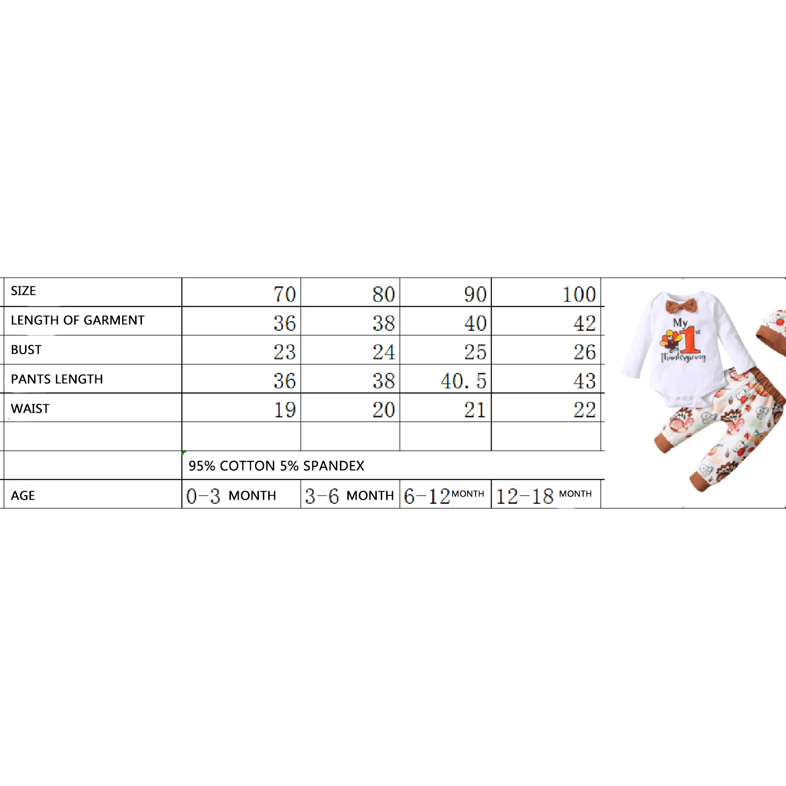 

3Pcs Thanksgiving Day Baby Girls Boys Outfit Long Sleeve Round Collar Letter Romper + Chicken Fruit Printing Long Pants + Cap