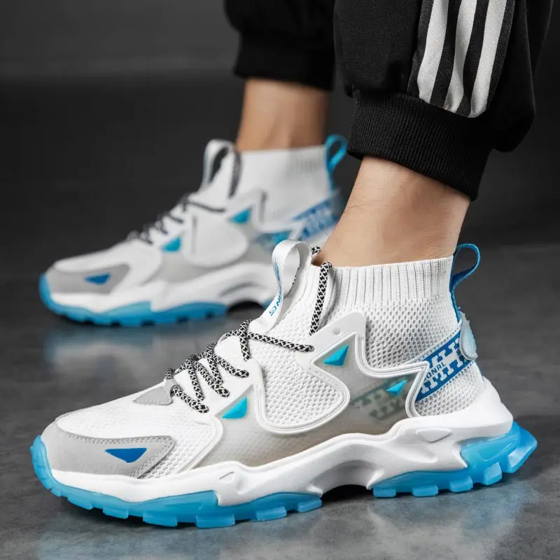 

High-top Summer Men's Sports Shoes Running Men Sport Shoes Men Sneakers White Knitted Blue Athletic Tennis Trainers 2021 D-804
