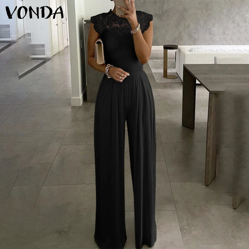 

Women Overalls 2021 VONDA Vintage Sleeveless Zipper Party Jumpsuits Beach Lace Trousers Office Ladies Wide Leg Pants Dungaree