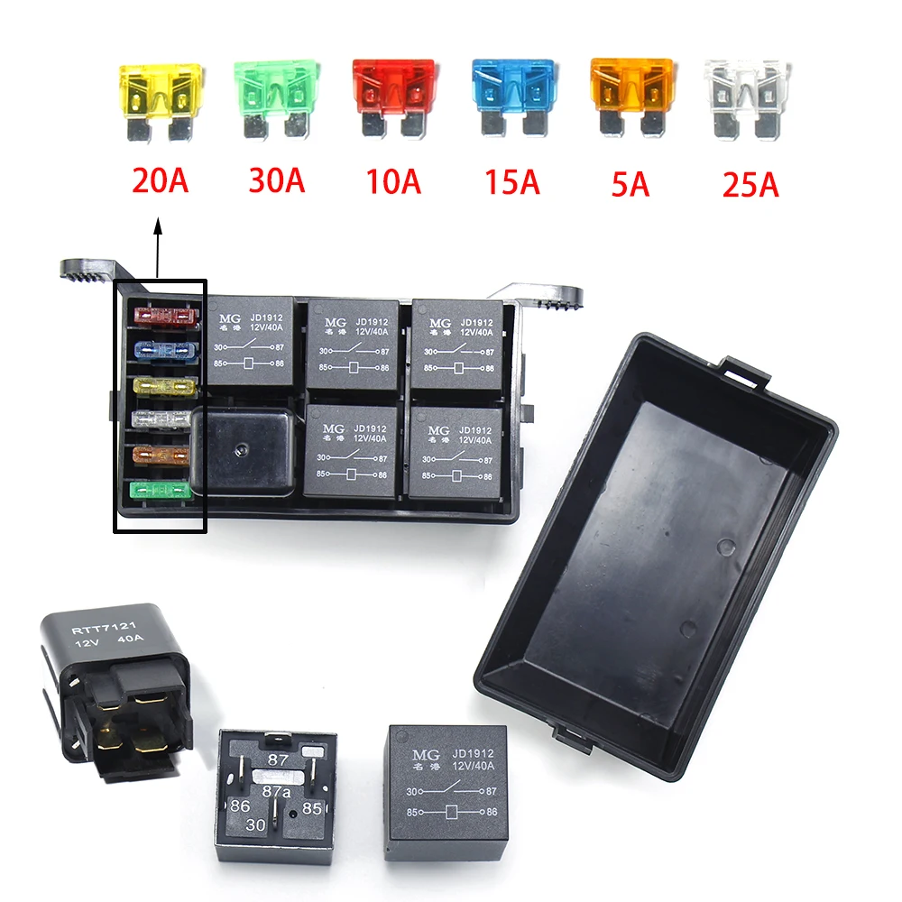 

41pcs Metallic Pins Universal 12V Automotive Marine Fuse Relay Holder 12-Slot Relay Box 6Relays 6 ATC/ATO Car Fuses Accessories