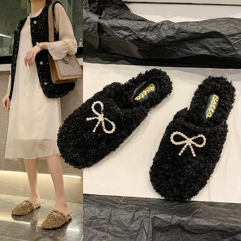 Меховые тапочки Женская обувь 2020 с открытыми пальцами Женские мюли Пушистые