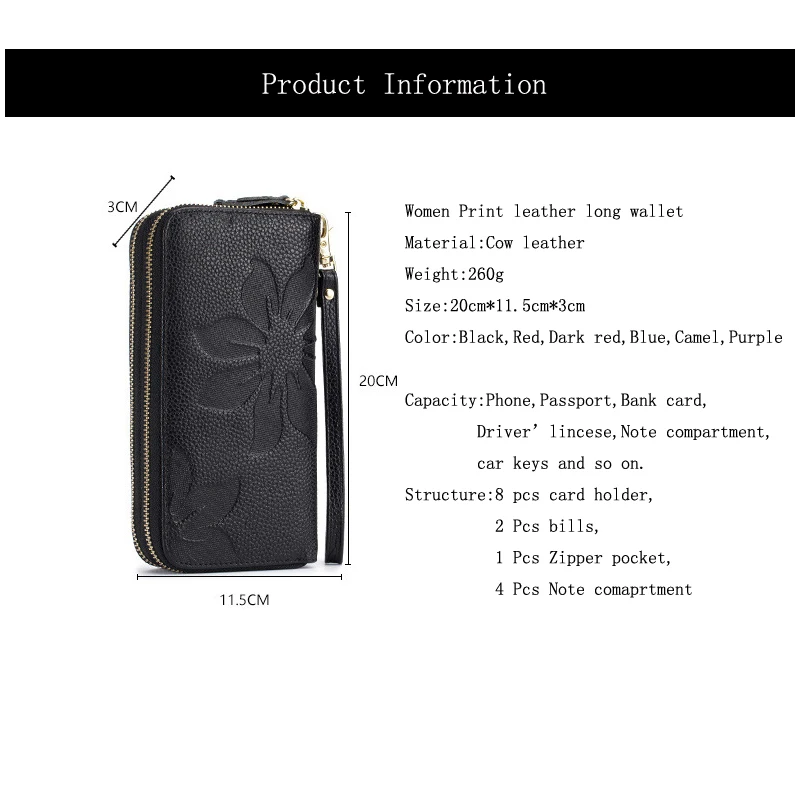 

Western Cow Leather Rfid Flower Print Double Zipper Long Women Wallet Fashion Large Capacity Genuine Leather Women Coin Purse