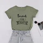 Женская футболка с короткими рукавами Travel Is My Therapy, хлопковая Футболка с круглым вырезом и надписью в Корейском стиле, большие размеры