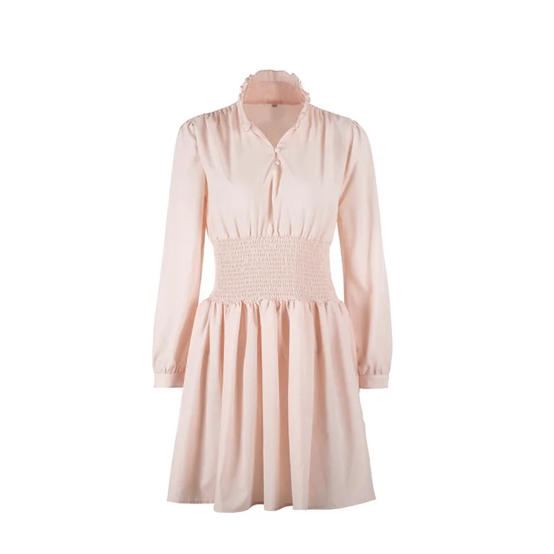 

2021 Summer Elegant Women Short Shirt Dress Streetwear Vintage Long Sleeve Stand Neck Ruffle Dress Plus Size A Line Mini Dresses