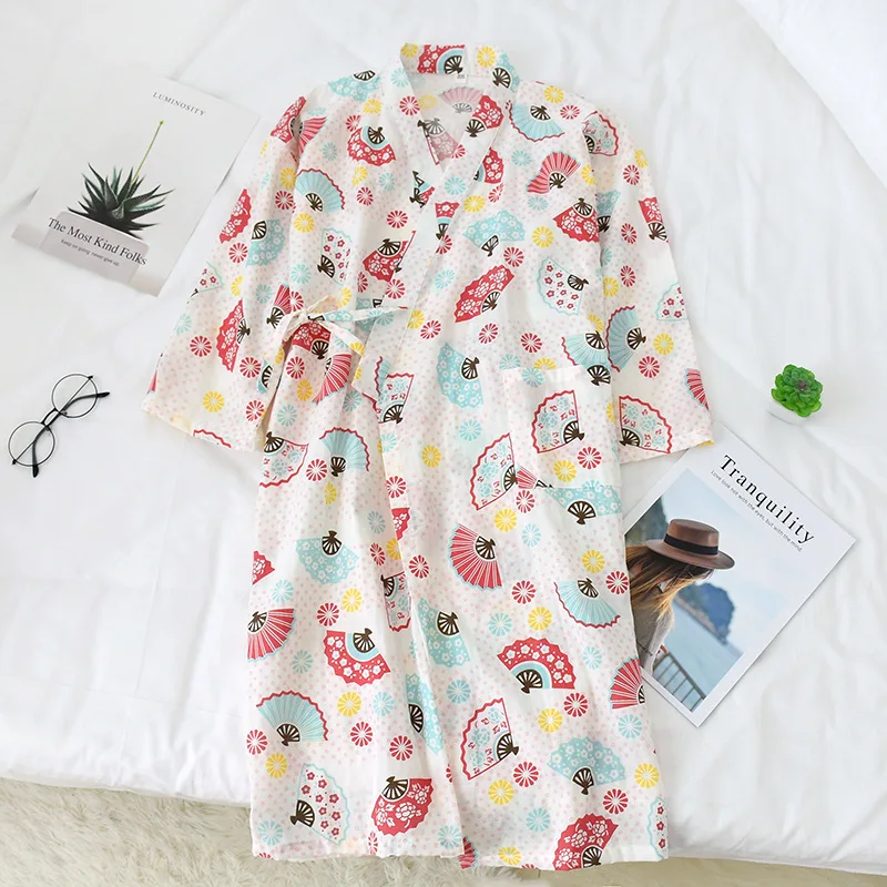 

Womens Kimono Robes 100% Gauze Cotton Bathrobe Summer Thin Homewear Female Kawaii Casual Floral Nightgowns Japanese Bath Robes