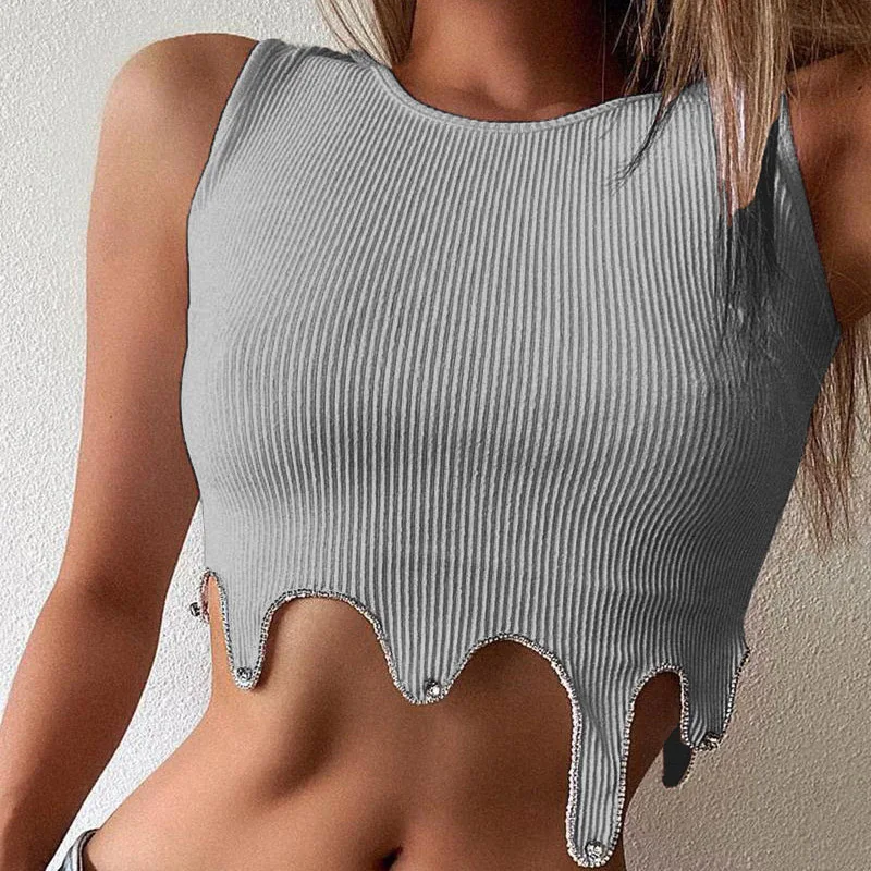 

Кроп-топ женский с вырезами, Модный укороченный топ с круглым вырезом без рукавов в рубчик, пикантная Однотонная футболка, K2Y, на лето