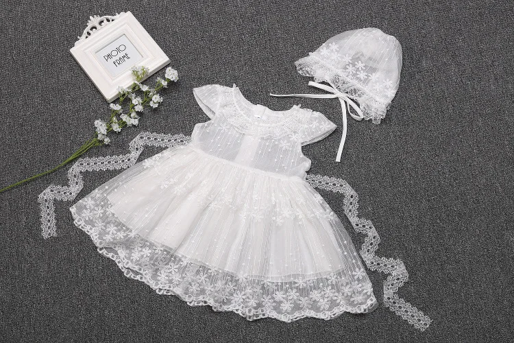 

1 year girl baby birthday dress 2PCS Newborn Baby Girls Christening Baptism Dress&Hat Set White Lace flimsy Soft Kids Clothing