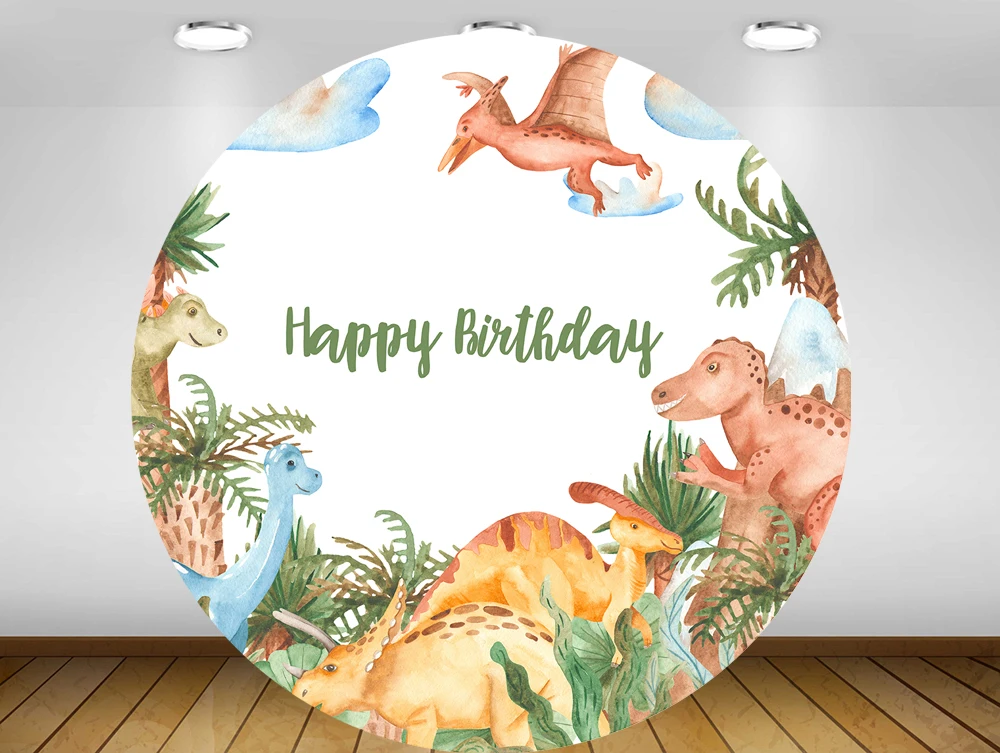 

Round Circle BackgroundCartoon Watercolor Dinosaur Backdrop Baby Shower Boys Girls Kids Birthday Party Decor Table Cover Vinyl