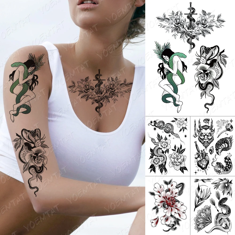 

Waterproof Temporary Tattoo Sticker Snake Rose Girl Sword Flash Tattoos Eagle Rose Old School Body Art Arm Fake Tatoo Women Men