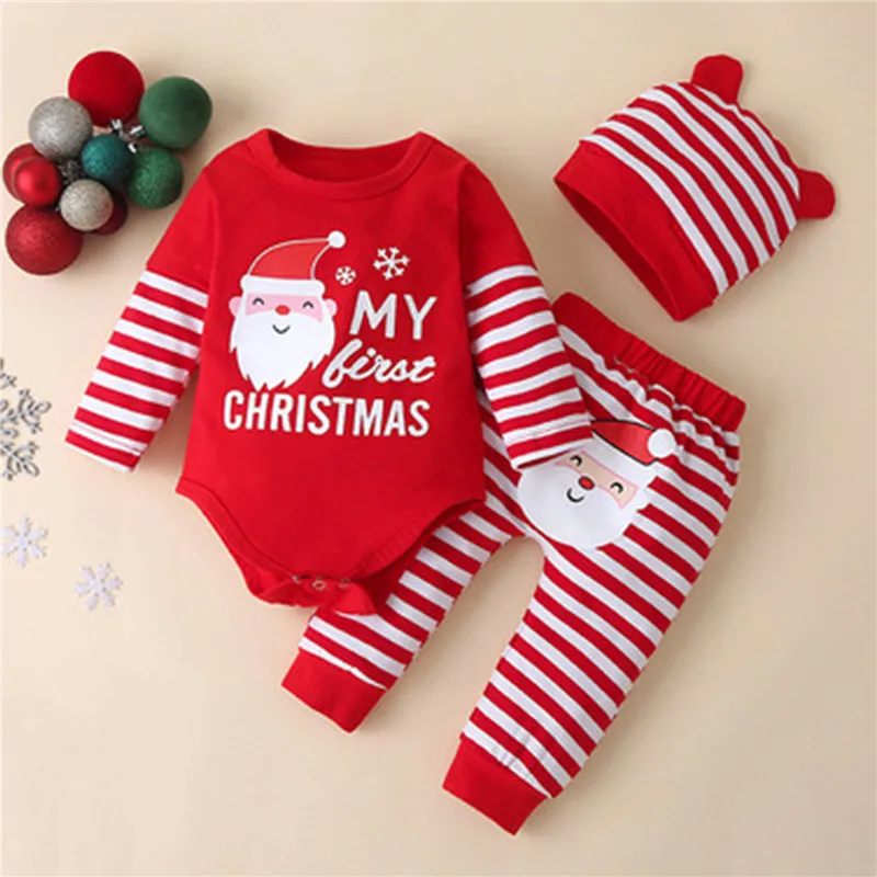 

My First Christmas Newborn Baby Boy Christmas Outfit Santa Claus Romper+Kids Pant+Newborn Beanie Xmas Set Autumn Clothing Sets