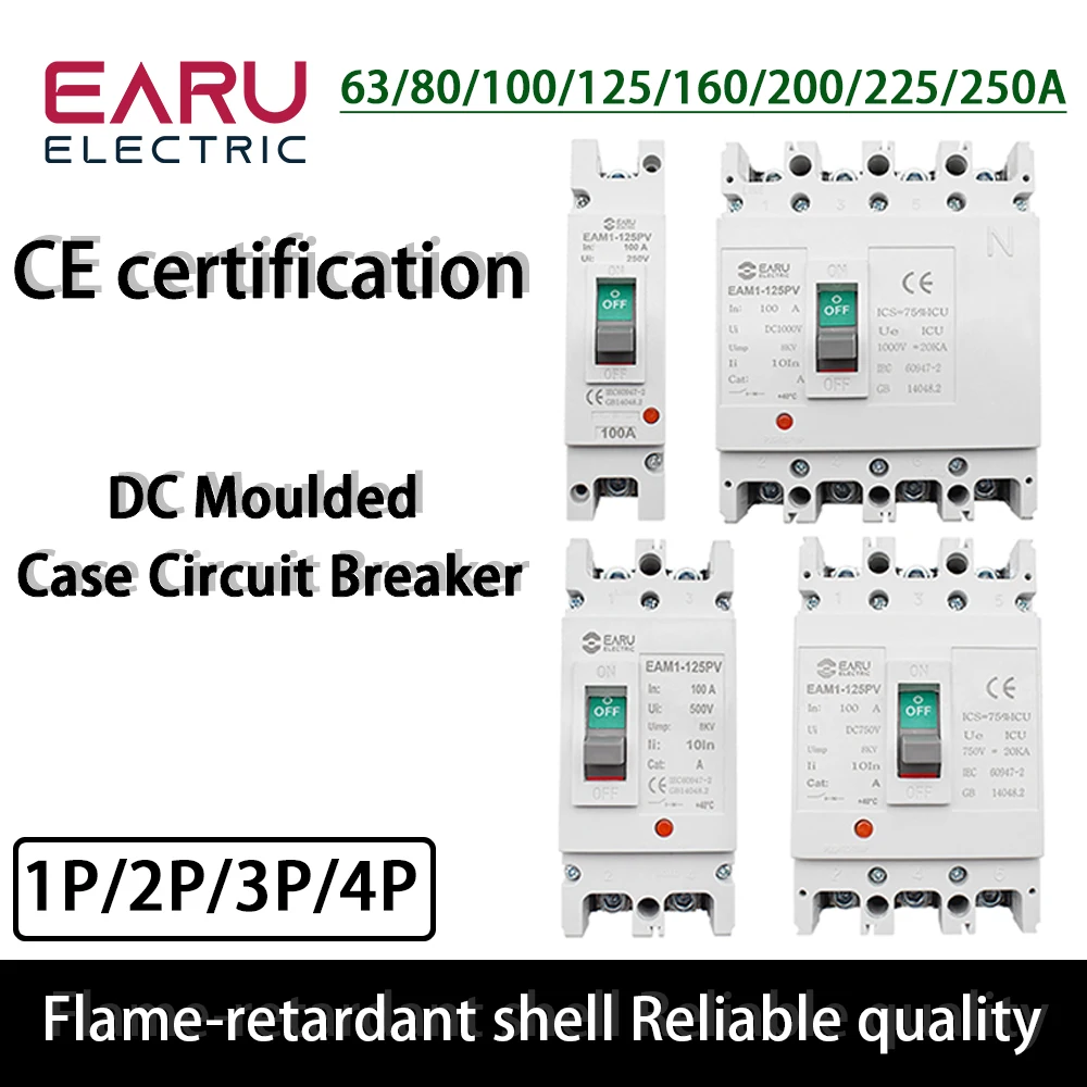 

Molded Case Circuit Breaker Protector 1/2/3/4P 63/80/100/125/160/200/225/250A Plastic Shell Type Air Switch DC 500V/750V/1000V