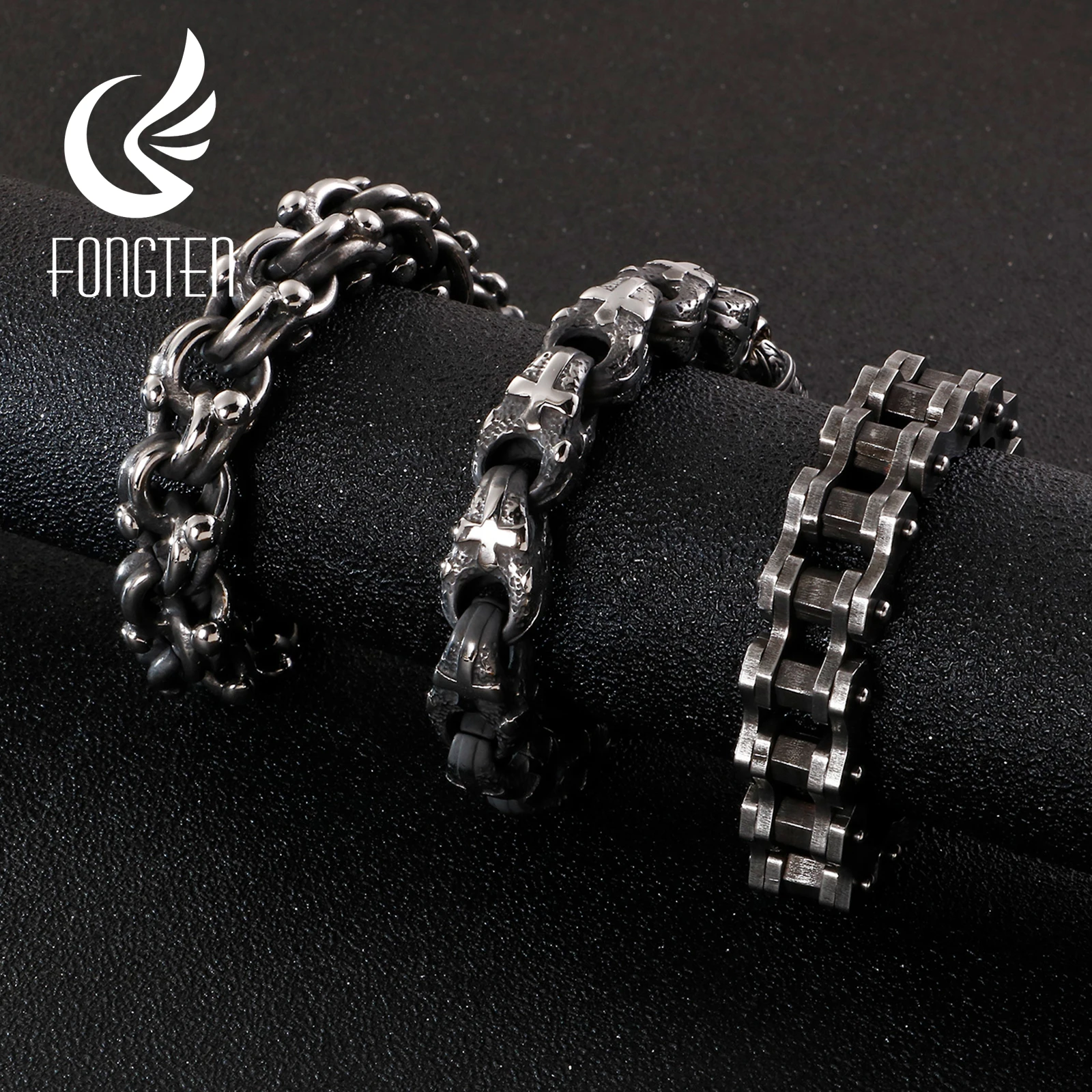 

Fongten Wide Cross Link Bicycle Chain Bracelet Men Black Stainless Steel Bead Charm Chain Custom Design Bracelets Jewelry