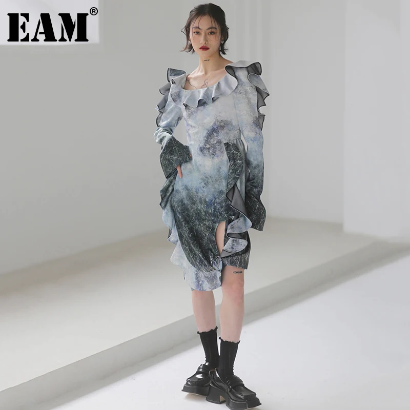 

[EAM] Women Pattern Printed Irregular Dress New Ruffles Collar Long Sleeve Loose Fit Fashion Tide Spring Autumn 2022 1DE4846