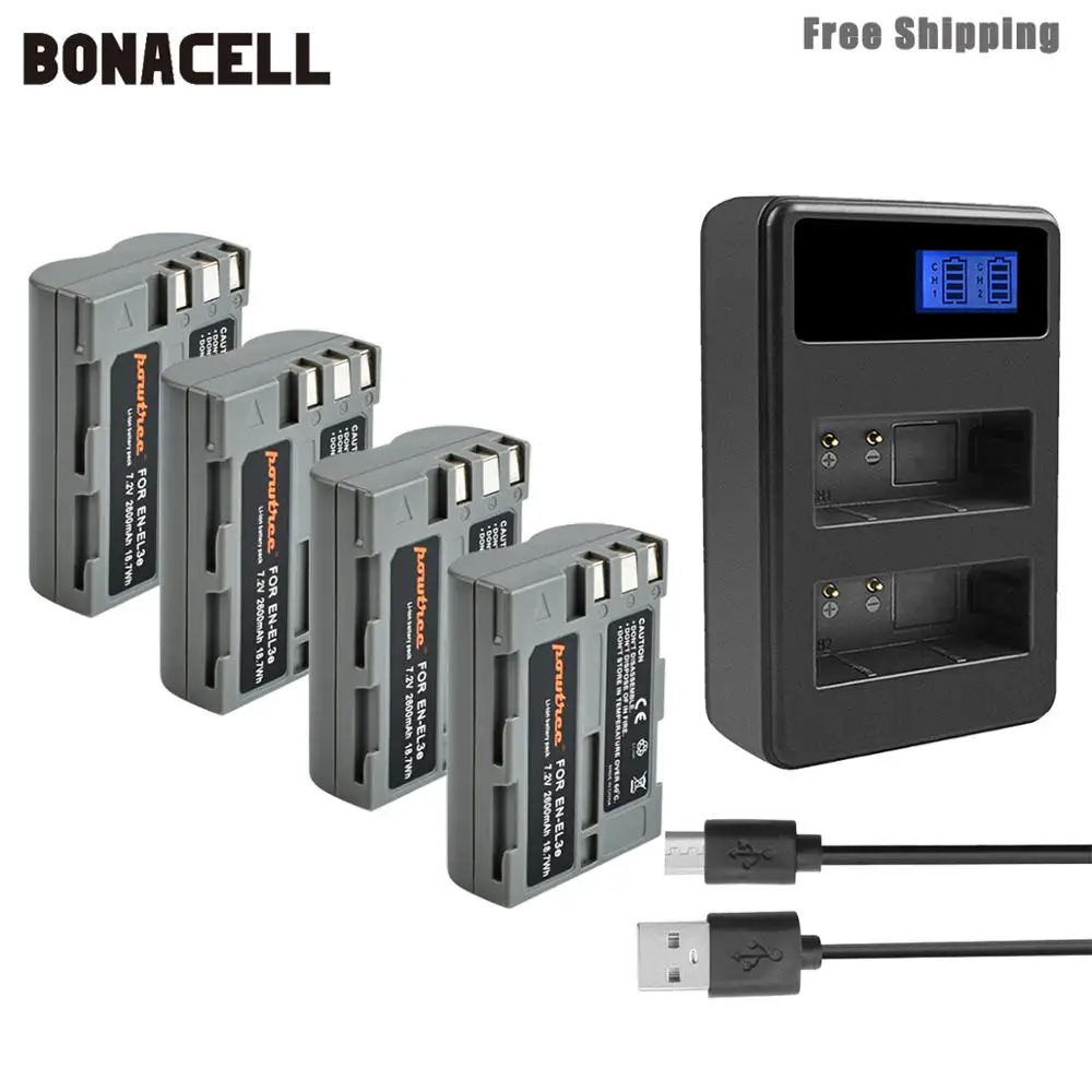 Bonacell 2600 мА/ч, EN-EL3e RU EL3e EL3a ENEL3e Батарея+ Батарея ЖК-дисплей двойной Зарядное устройство для Nikon D300S D300 D100 D200 D700 D70S D80 L50