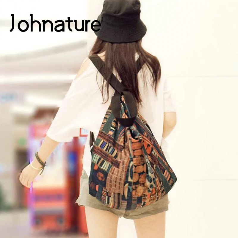 Johnature 2022 New Retro Printed Shoulder Bag Women Backpack Large Capacity Travel Bags Leisure Handmade Lady Vintage Bagpack