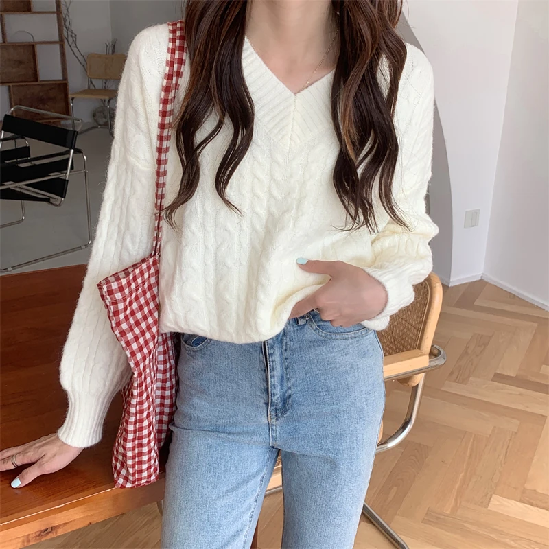

ZJZLL Autumn Winter Top Clothing V-neck Gentle Twist Thick Needle Thickened Loose Knitted Sweater Pullover Women Korean Fashion