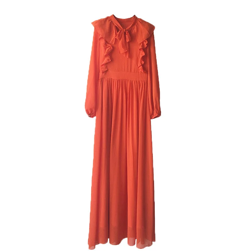 

2021 Spring and Summer Fashion New V-neck Lace Lotus Leaf Wood Ear Dress Elegant Temperament Lantern Sleeve Long Female Dress