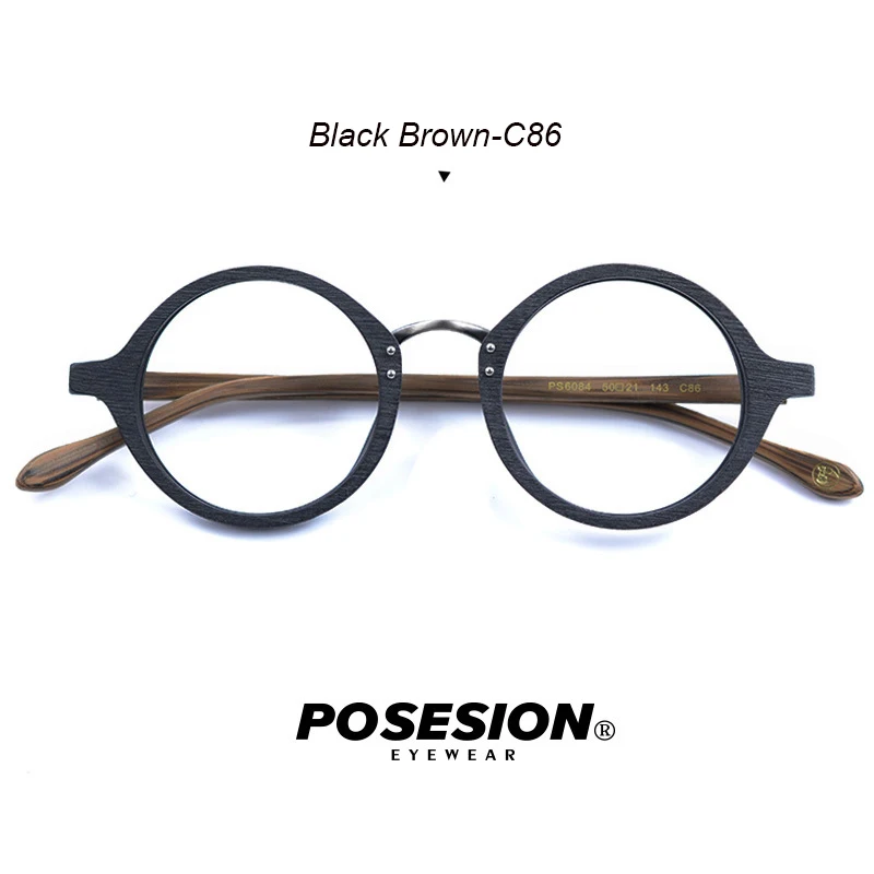 Black Brown-C86 Posesion оправы для очков Для мужчин Для женщин круглые деревянные прозрачные линзы, очки по рецепту очки с диоптриями оправы очков - Цвет оправы: Black Brown-C86