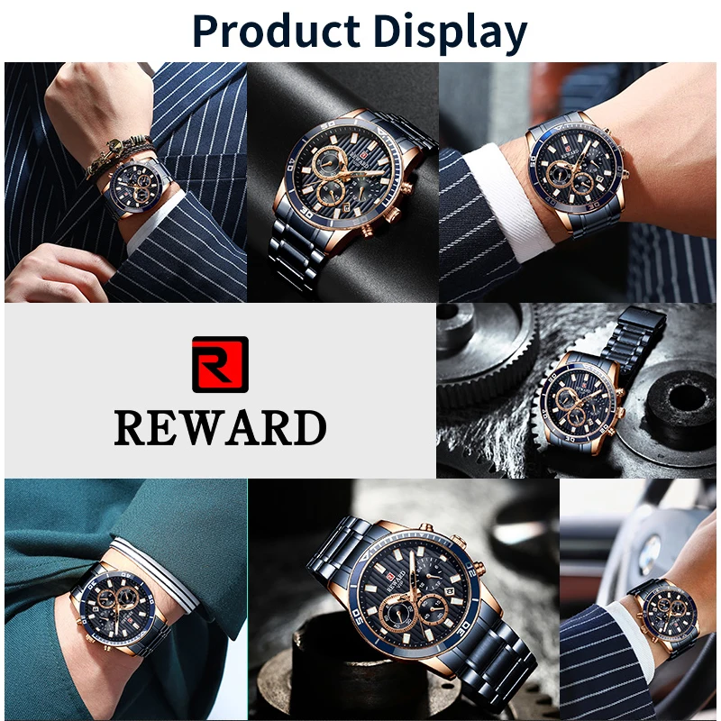 REWARD Часы наручные мужские кварцевые с хронографом, люксовые деловые повседневные водонепроницаемые с браслетом из нержавеющей стали (art.: 3a39dedcaae) - 3a39dedcaae