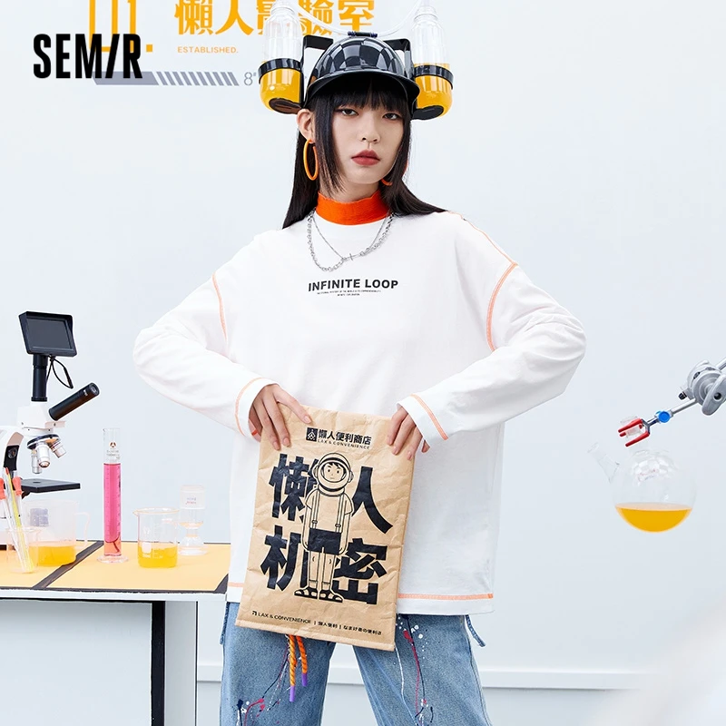

SEMIR T-Shirt Women Long Sleeve Autumn 2021 New Loose White T National Tide Contrast Clothes