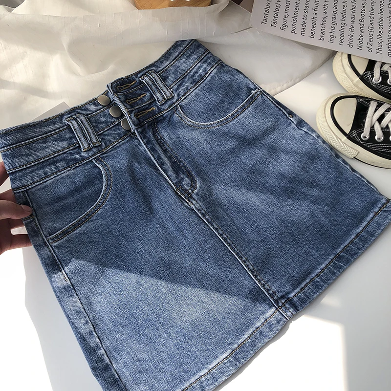 

Single row three buttons high waist washed distressed denim skirt female spring Korean fashion A-line package hip skirt