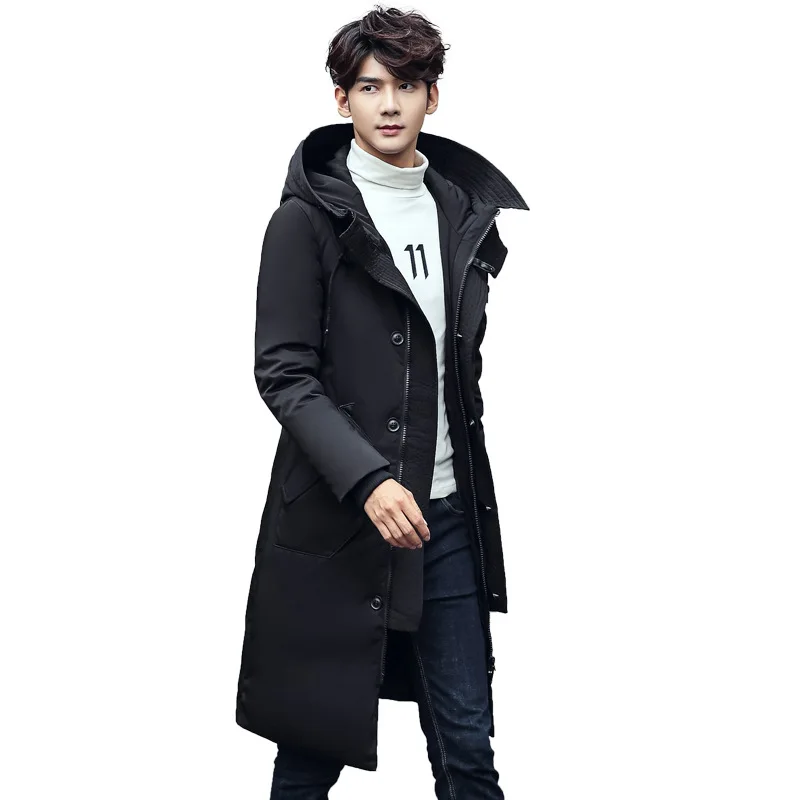 Длинные зимние парки на утином пуху с капюшоном мужская повседневная одежда