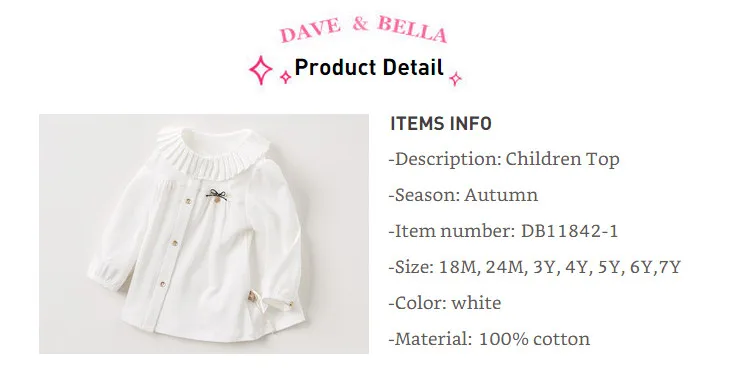 DB11842-1 dave bella/осенние однотонные рубашки с милым бантом для маленьких девочек топы из хлопка для малышей, детская одежда высокого качества