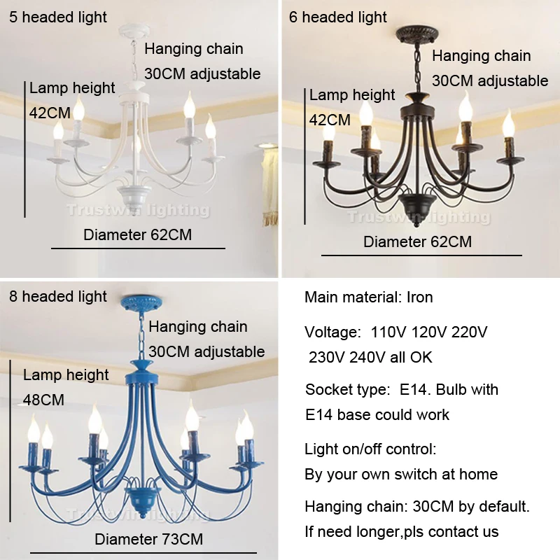 

European American modern iron LED chandelier light blue white black 5 6 8 lights decorative foyer living dinning chandelier lamp