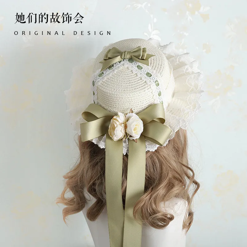 

French Pastoral Style Harajuku Lolita Sweet Girl Straw Hat Simulation Rose Flower Lace Sunshade Hat Summer Elegant Flat hat Chic