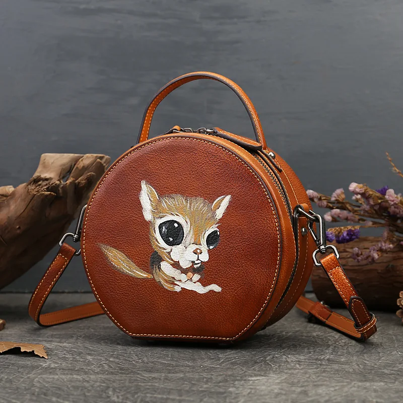 

Genuine Leather Bag Circular Purses and Handbags Travel School Bag Womens Bag Girls Bag Ladies Bag Circular Sling Brown Handbag