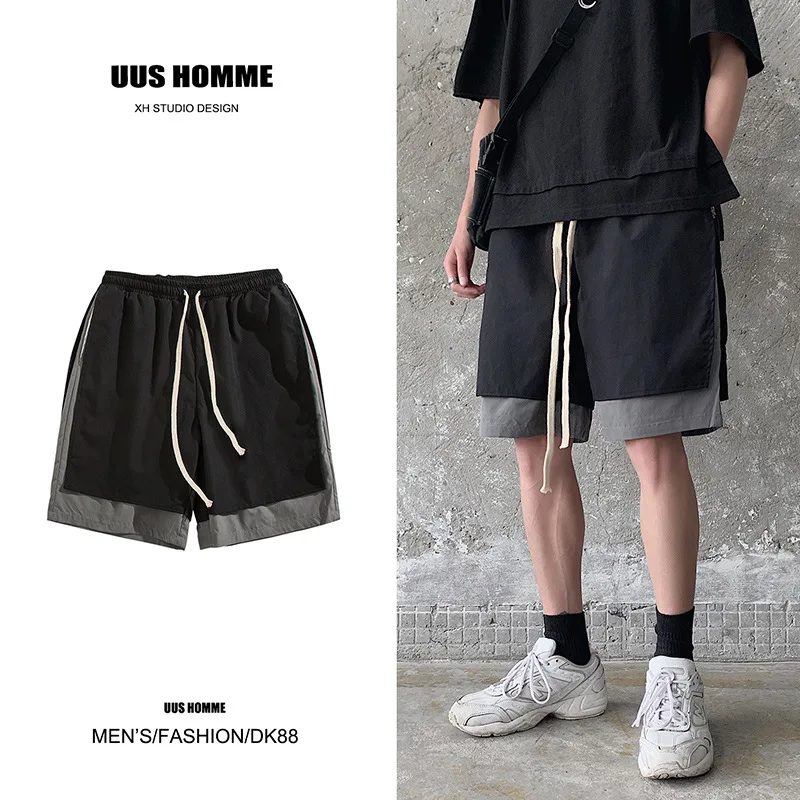 

2021 casual pants men's loose straight pants hip-hop fake two-piece shorts new five-point mid-pants