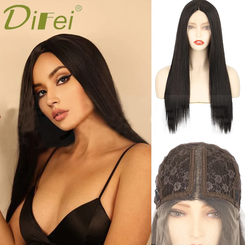 DIFEI 270g Long Straight Synthetic Front Lace Center Split Headgear Wig Female Black Heat-resistant Daily Wear Wig