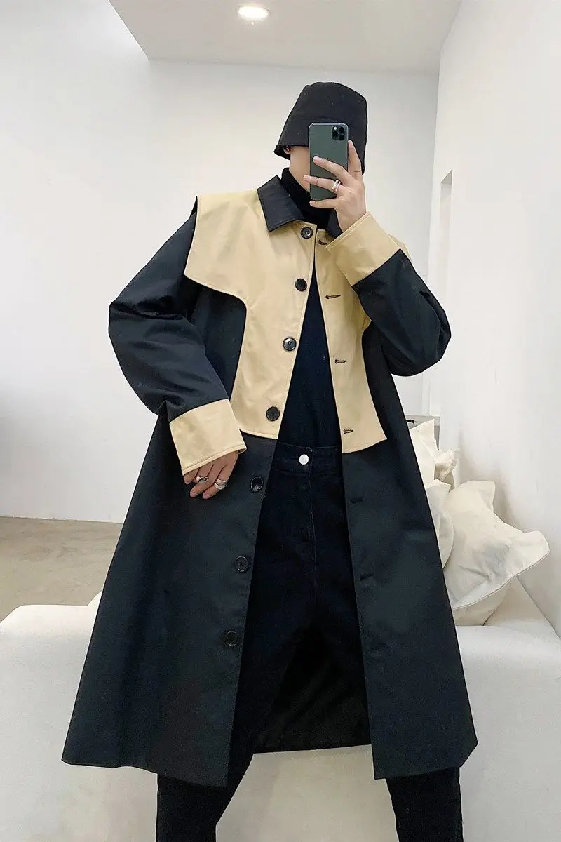 

IEFB color block oversized clothing for men streetwear design mid length trench coat spring single breasted windbreaker 9Y4411