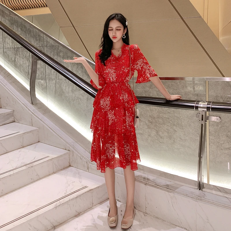 Vintage Women A-line White Dress Lace Up Printed Elastic Waist Female Chiffon Cascaded Ruffle Midi 2020 Summer Vestidos | Женская одежда
