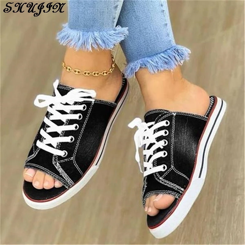 Женские сандалии-шлепанцы Коллекция 2020 года джинсовые тапочки на плоской