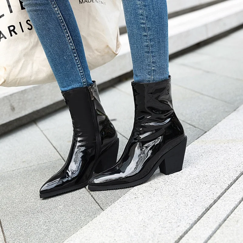

fashion patent leather ankle boots for women pointed toe zipper female boot autumn thick high heels winter boots woman shoes