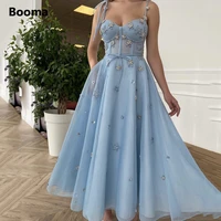 booma mesh net tulle prom dresses baby blue spaghetti straps a line party dresses crystals tea length short formal gowns