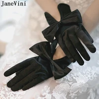 janevini elegant black bow womens bridal hand gloves wedding satin white bride gloves sexy short party glove bruids accessoires