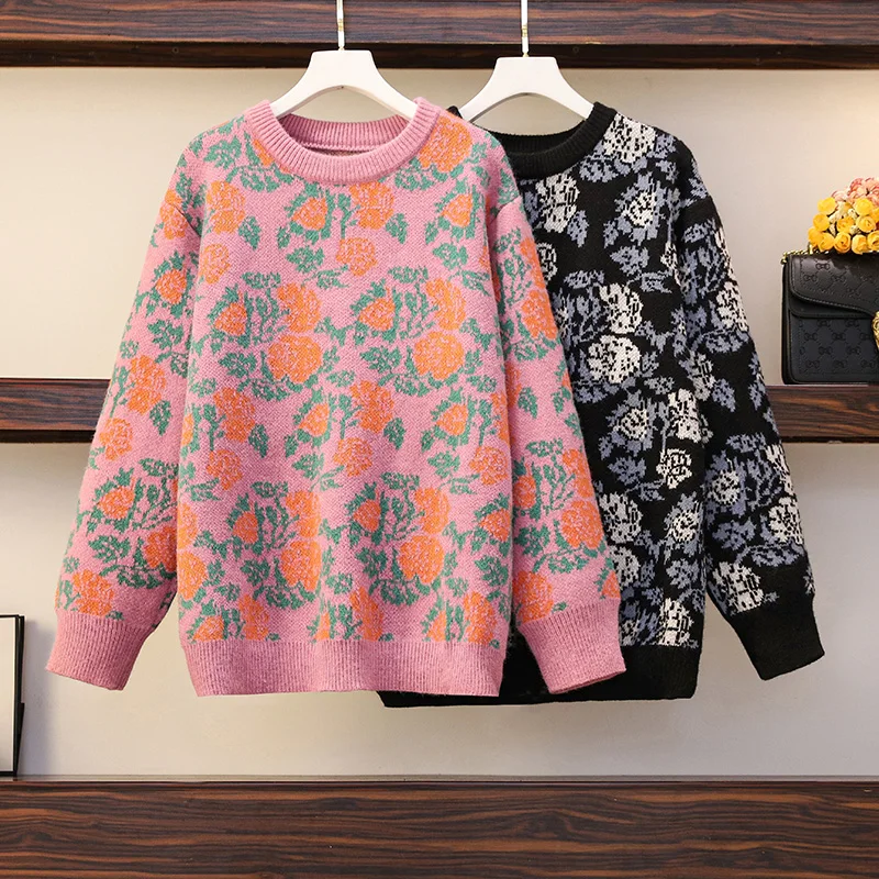 

High Quality Women Pink Flower Print Pullover Jumper Oversized Fall Winter Knitted O Neck Thick Warm Loose Casual Sweater Female