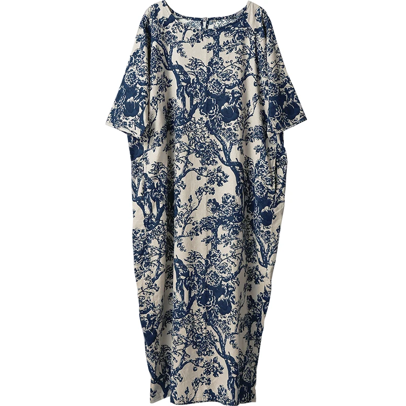

Chinese Style Cotton Hemp Blue And White Porcelain Dress Summer Art Large Size Loose Show Thin National Style Robe 5-Sleeve