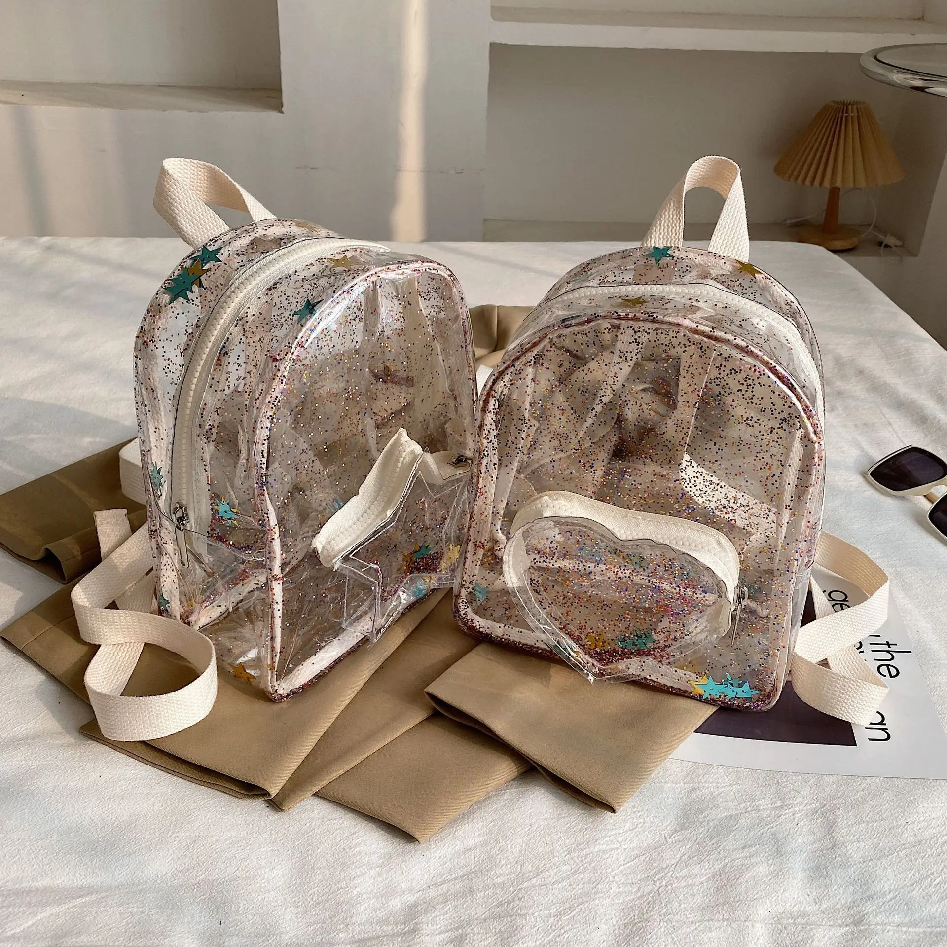 

2021 Fashion Womens Baguette Bags Transparent Five Pointed Star Pattern Backpack Casual Female Bag Heart Summer Japan and Korea