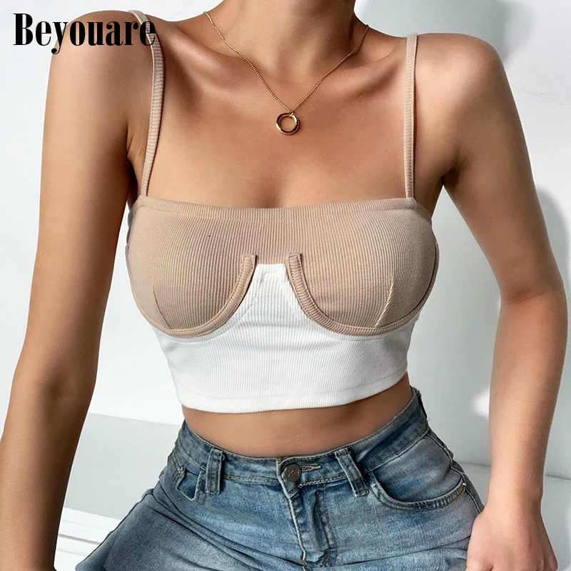 

Beyouare rib knit bikini patchwork cami top women 2020 summer slash neck slim skinny backless crop top casual fashion strap tops