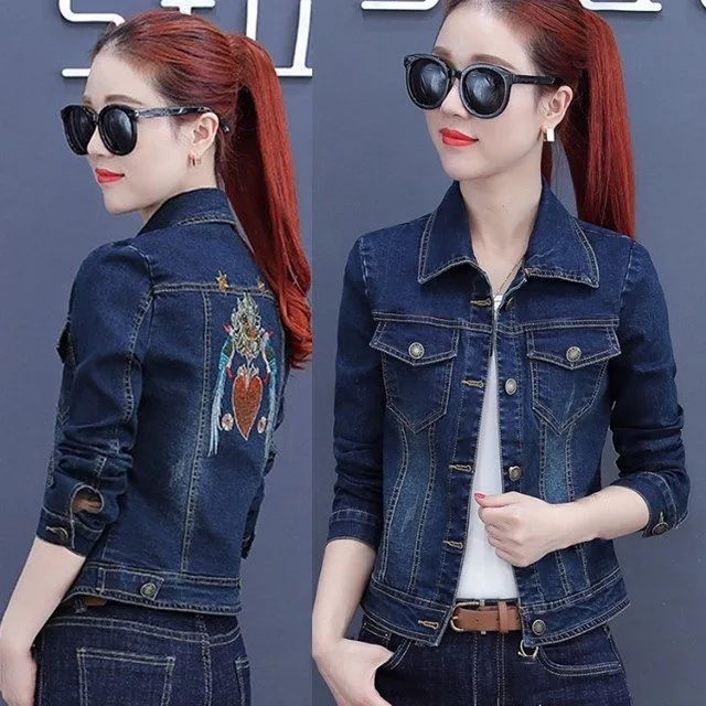 Осеннее однотонное джинсовое пальто с вышивкой и отложным воротником Женская