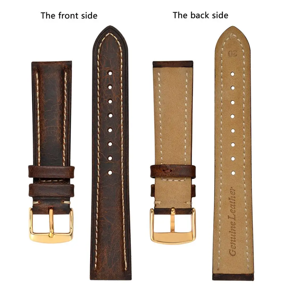 BISONSTRAP Watch Band 14mm 15mm 19mm 20mm 22mm 23mm 24mm Crazy Horse Leather Watch Strap Vintage Replacement Belt Gold Buckle